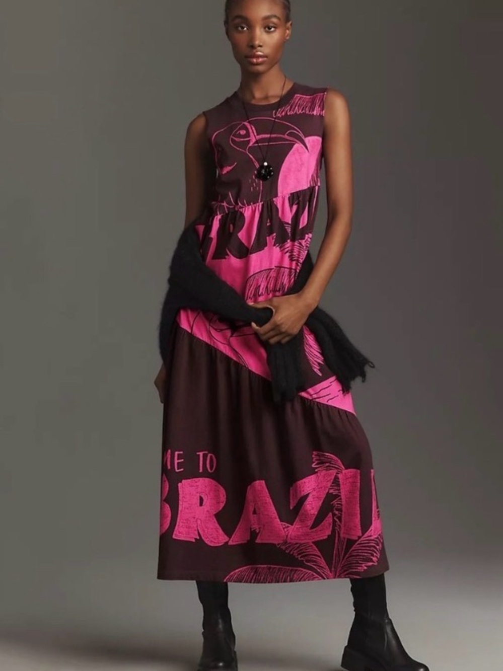 Farm Rio Dress Women’s Small Brazil Tiered Graphic Shirt Midi Dress Toucan